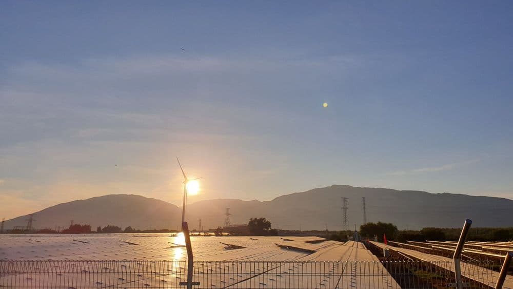 Solar panels reflecting sunrise with mountains under a clear sky.