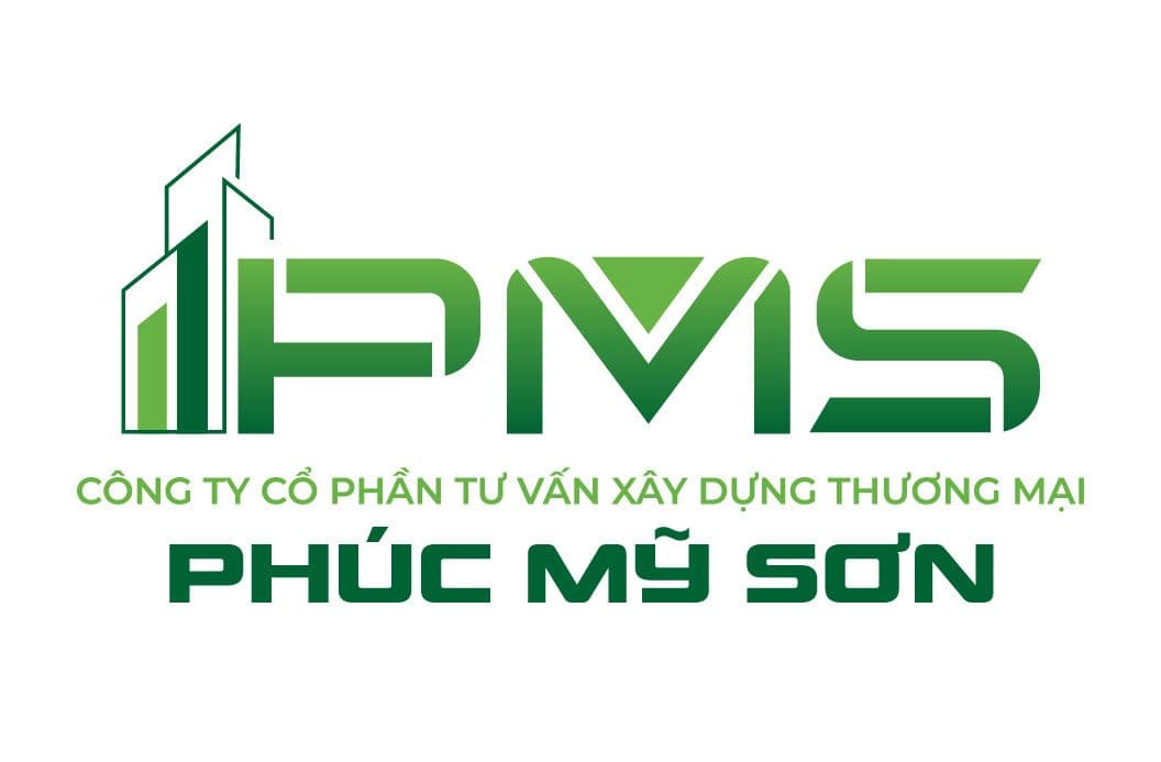 Green PMS logo with stylized building graphic and Vietnamese company name and tagline.