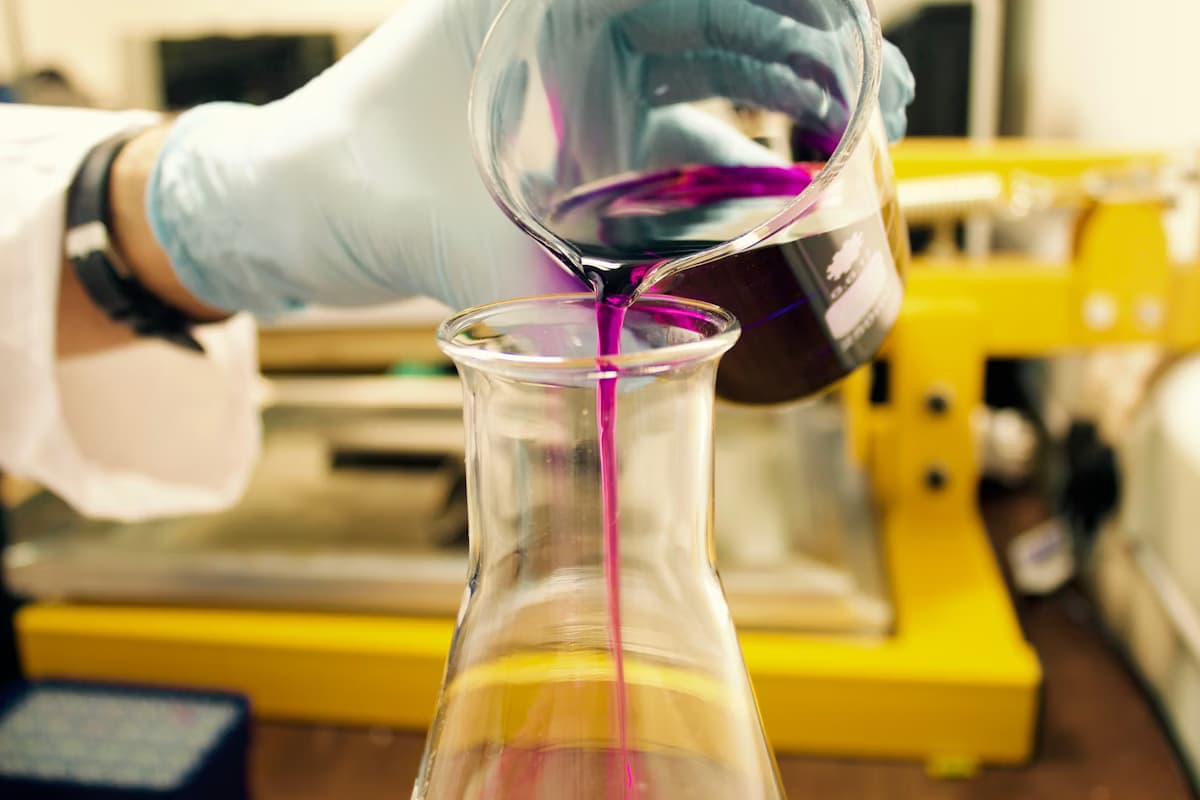 Gloved hand pouring vibrant purple chemical solution from beaker into an Erlenmeyer flask.